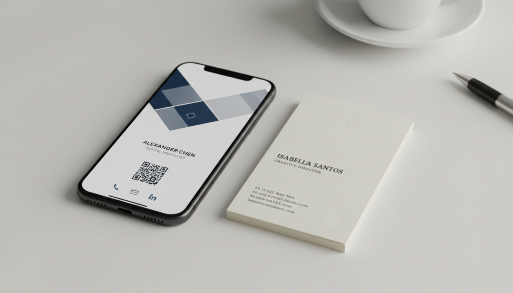 Cartão de visita digital em smartphone e cartão de visita físico lado a lado, representando a escolha para networking.