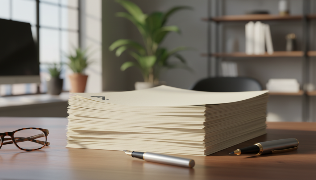 Papel timbrado personalizado com logotipo, pilha de documentos corporativos, branding profissional