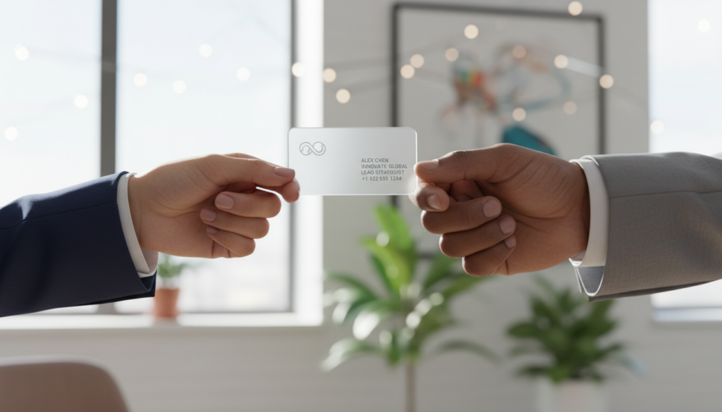 Mãos trocando um cartão de visita moderno em um ambiente de negócios