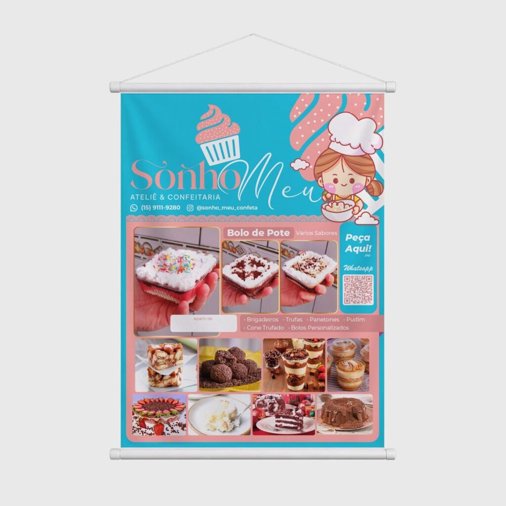 Banner de confeitaria em azul e rosa com fotos de doces e bolo de pote, com bastões e cordão para pendurar