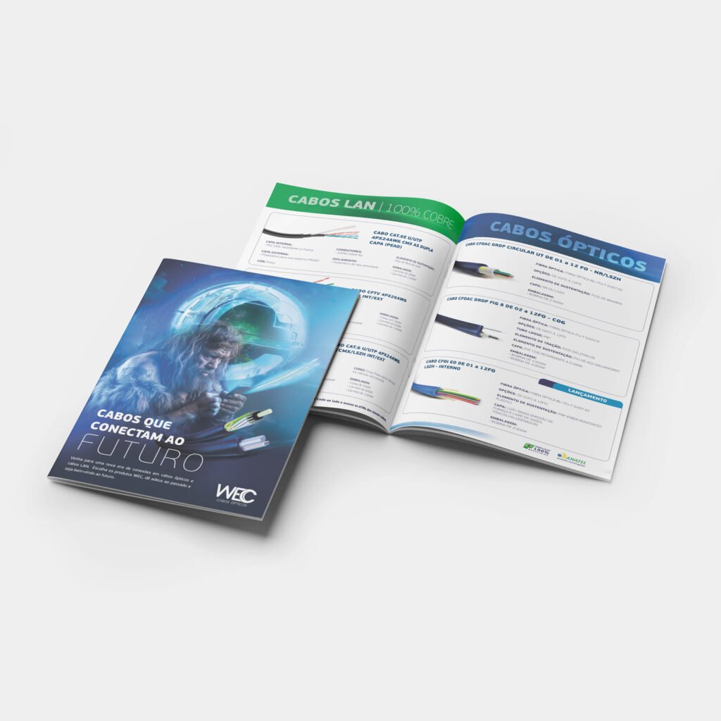Catálogo de produtos com capa azul e páginas internas abertas com fotos e especificações de cabos