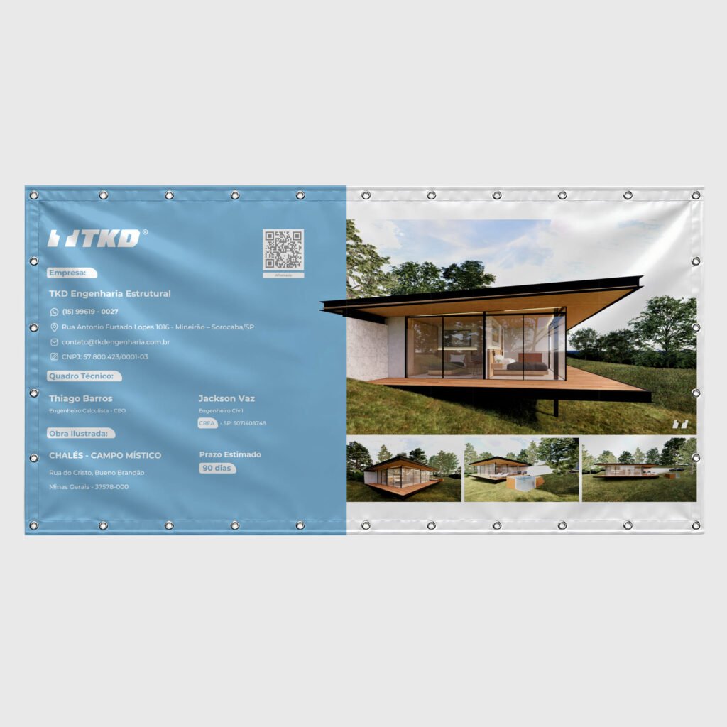 Lona frontlight com ilhoses nas bordas, metade azul com dados da obra e metade com fotos de uma casa moderna