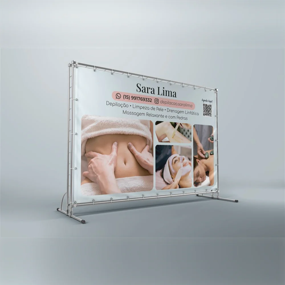 Lona personalizada para salão de estética montada em estrutura metálica